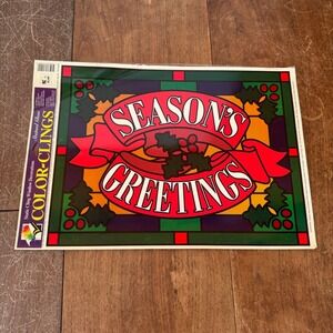 Vintage Seasons Greetings Stained Glass Style Window Color-Clings Holiday Decor